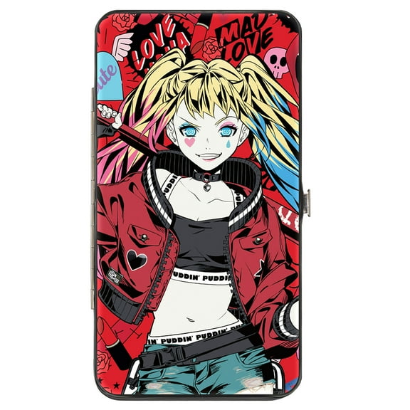 DC Comics Wallet, Hinged, Harley Quinn Pudding Anime Poses and Icons Collage Red Black, Vegan Leather