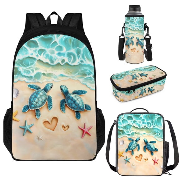 Garronmavis Beach Turtle School Bag and Lunch Bag Set for Girls 6-7 Kindergarten Schoolbag Sets 8-10 Kids Backpack with Lunch Box Pencil Case Water Bottle Holder