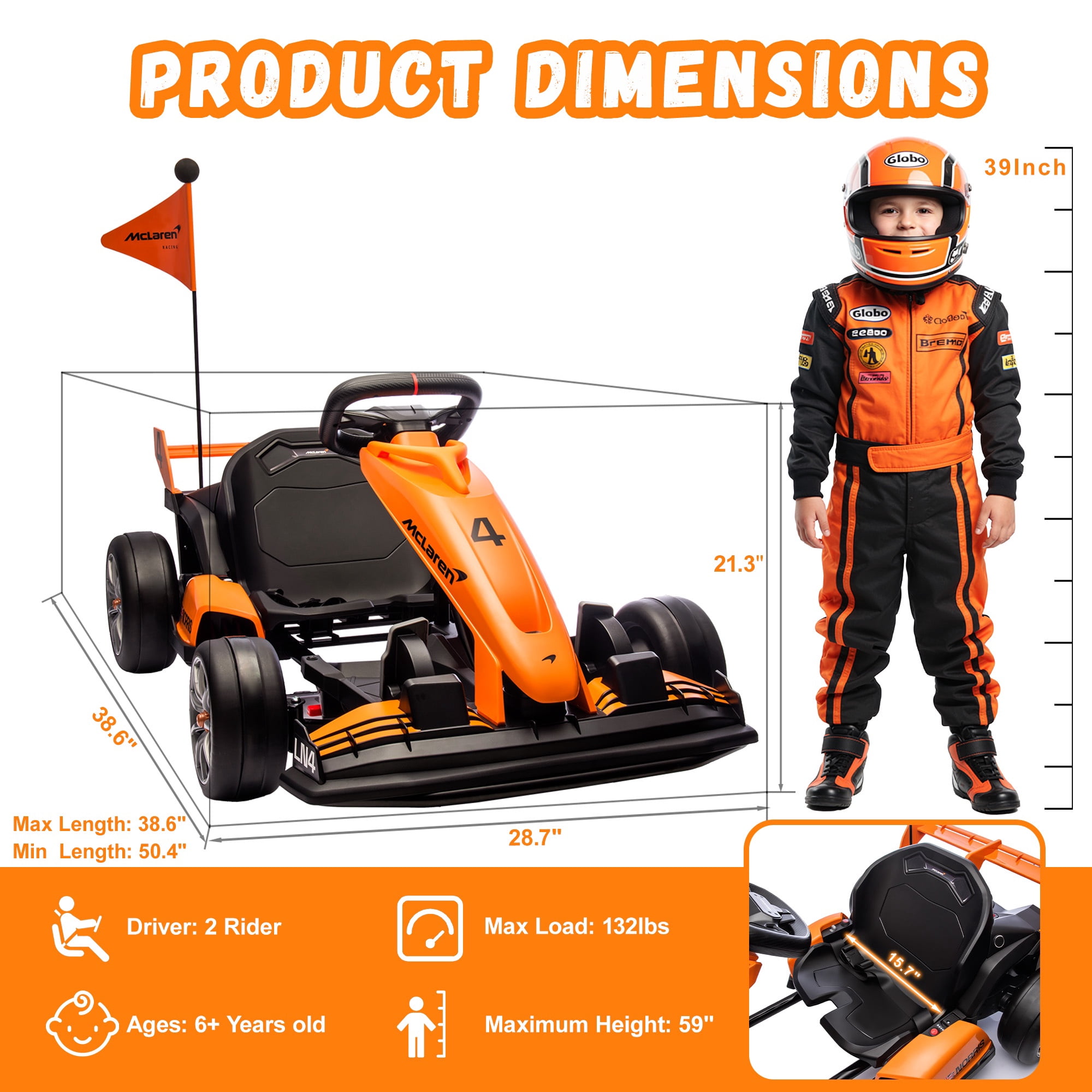 36V Electric Go Kart for Kids, Licensed McLaren Ride On Toys for Big Kids w/ 3 Level Adjustable Seat, 2 Speeds, Battery Powered Drift Racing Go Kart w/ Rear Wheels for Age 6+ Boys Girls