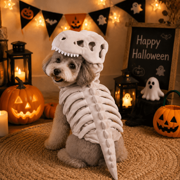 Dinosaur Skeleton Costume Wearable Plush Spinosaurus Dino Outfit with 3D Headgear Spine - Glow-in-the-Dark Pet Costume, Soft Plush Skeleton Outfit for Dogs and Cats Cosplay Dress Up