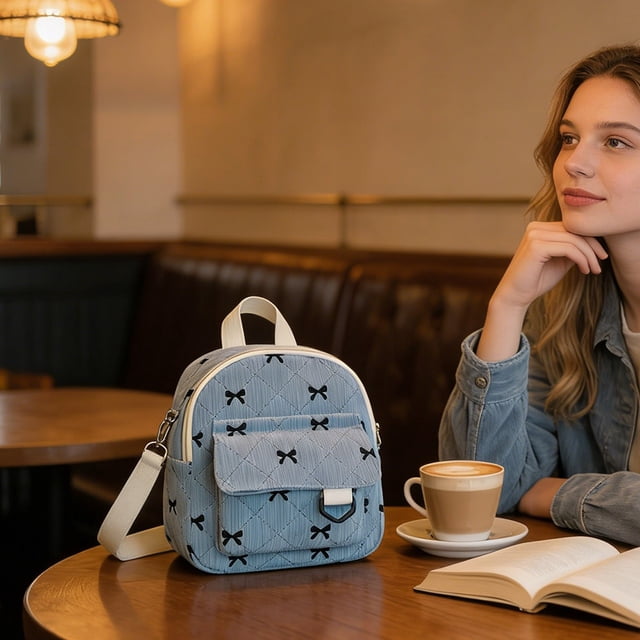 Mochila mini de pana con estampado de moño, correa ajustable, tamaño compacto para viajes, uso casual y diario, rosa, blanco, azul