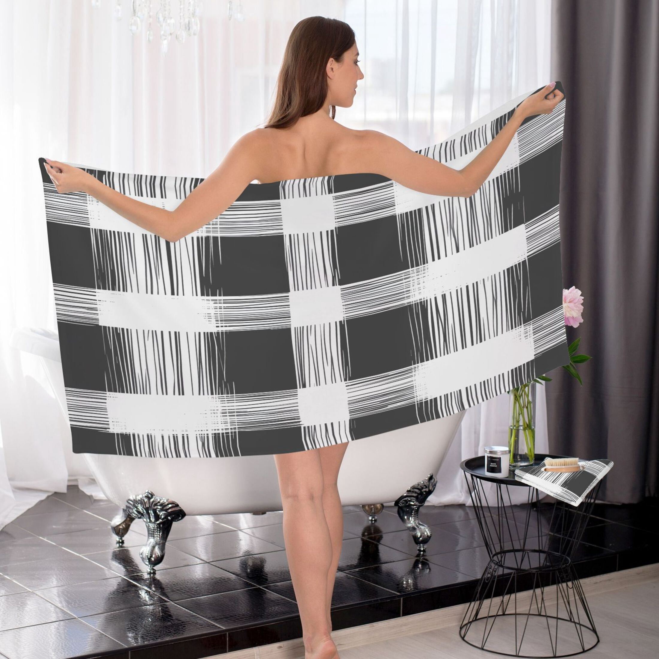 White and Black 2 Piece Cotton Bath and Face Towel Set Soft and Absorbent, for Beach Pool Bathroom