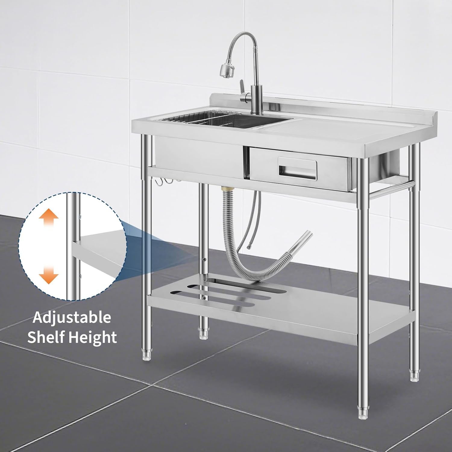 Ataucjin Stainless Steel Laundry Utility Sink, Freestanding Single Bowl Kitchen Sink with Hot & Cold Water Faucet, Built-In Wash Board, Drawer, Drain Basket, Dish Rack for Laundry Room, Garage