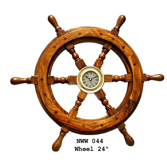 24" Wooden Clock Ship Wheel (3" Double Rim Solid Brass Polished Clock Fitted)