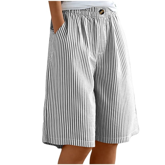 Mitankcoo Cotton Linen Strip Shorts for Girls Button Wide Leg Short Pants Summer Daily Casual Wear