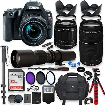 Canon EOS Rebel SL2 DSLR Camera with 18-55mm STM Lens Bundle + Canon EF 75-300mm f/4-5.6 III Lens and 500mm Preset Lens + 32GB Memory + Filters + Monopod + Spider Tripod + Professional
