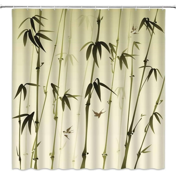 Vintage Bamboo Shower Curtain Retro Chinese Style Ink Painting Bamboo Bird Home Bathroom Decor Curtain , 70x70Inch with Hooks Fabric, Green Beige