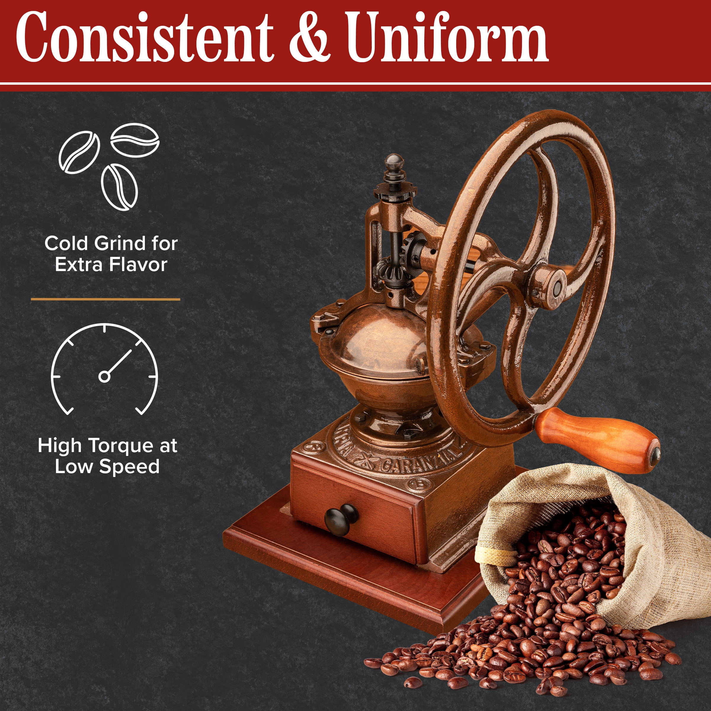 Classic Cuisine Manual Coffee Grinder - Cast Iron Conical Burr Coffee Bean Grinder (Copper)