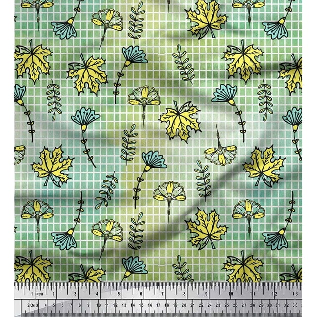 Soimoi Green Moss Georgette Fabric Maple Leaves & Artistic Floral Check Printed Fabric 1 Yard 42 Inch Wide