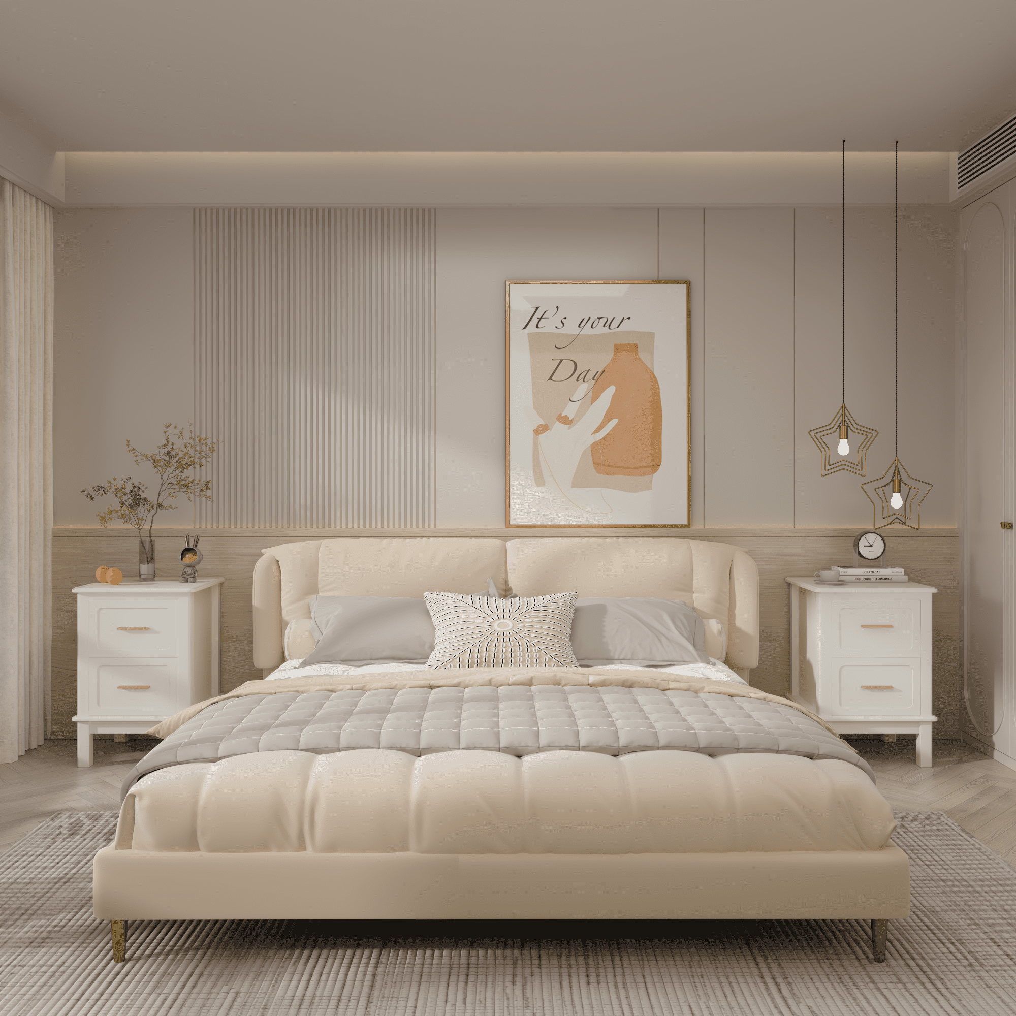Modern Nightstand with 2 Drawers, Bedroom Bedside Table with Gold Handles, Sturdy Wood Accent Table for Small Spaces, Living Room, Kids Room & Guest Room-Off White