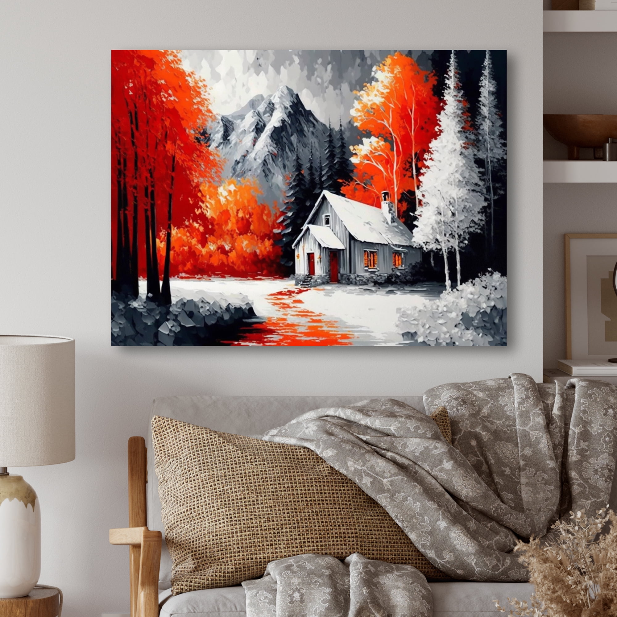 Designart Monochrome Orange Cottage In Winter II Canvas Wall Art