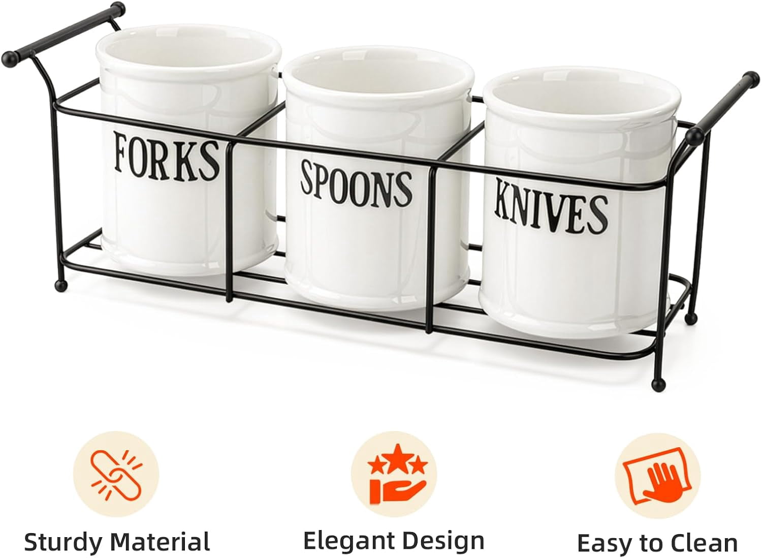 3-Piece White Ceramic Silverware Caddy with Black Metal Rack, Utensil Holder Flatware Caddy Cutlery Storage Organizer for Kitchen Table, Cabinet or Pantry