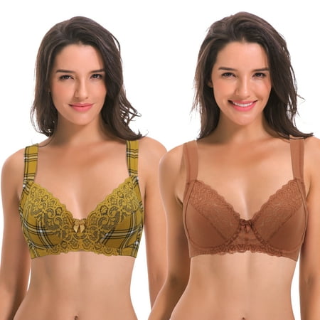 

Curve Muse Women s Plus Size Unlined Underwire Lace Bra with Cushion Straps-2PK-BLACK/YELL RUST-46B