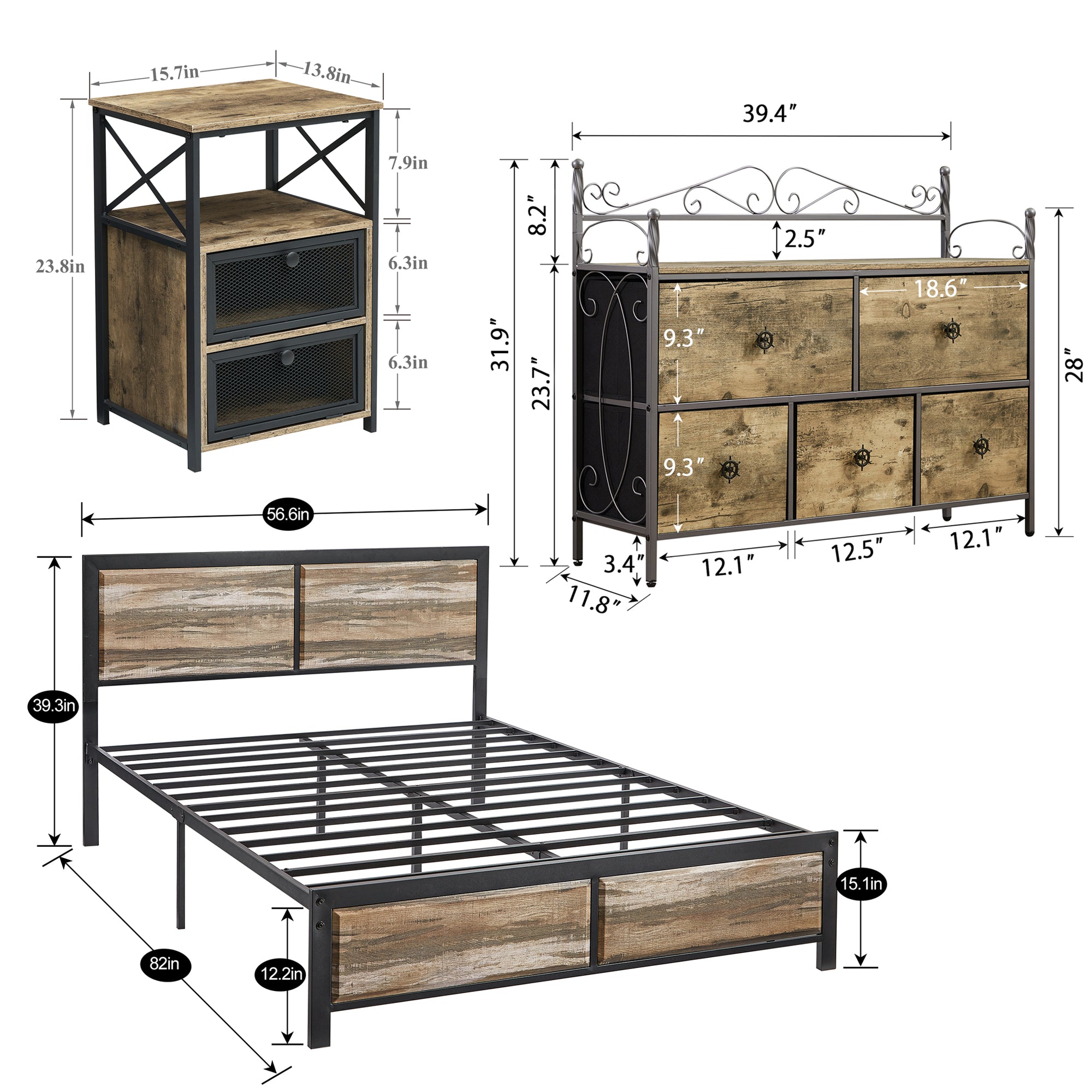 VECELO 4-Piece Full Size Bedroom Set with Bed Frame & 5-Drawer Dresser & Two Nightstands, Gray