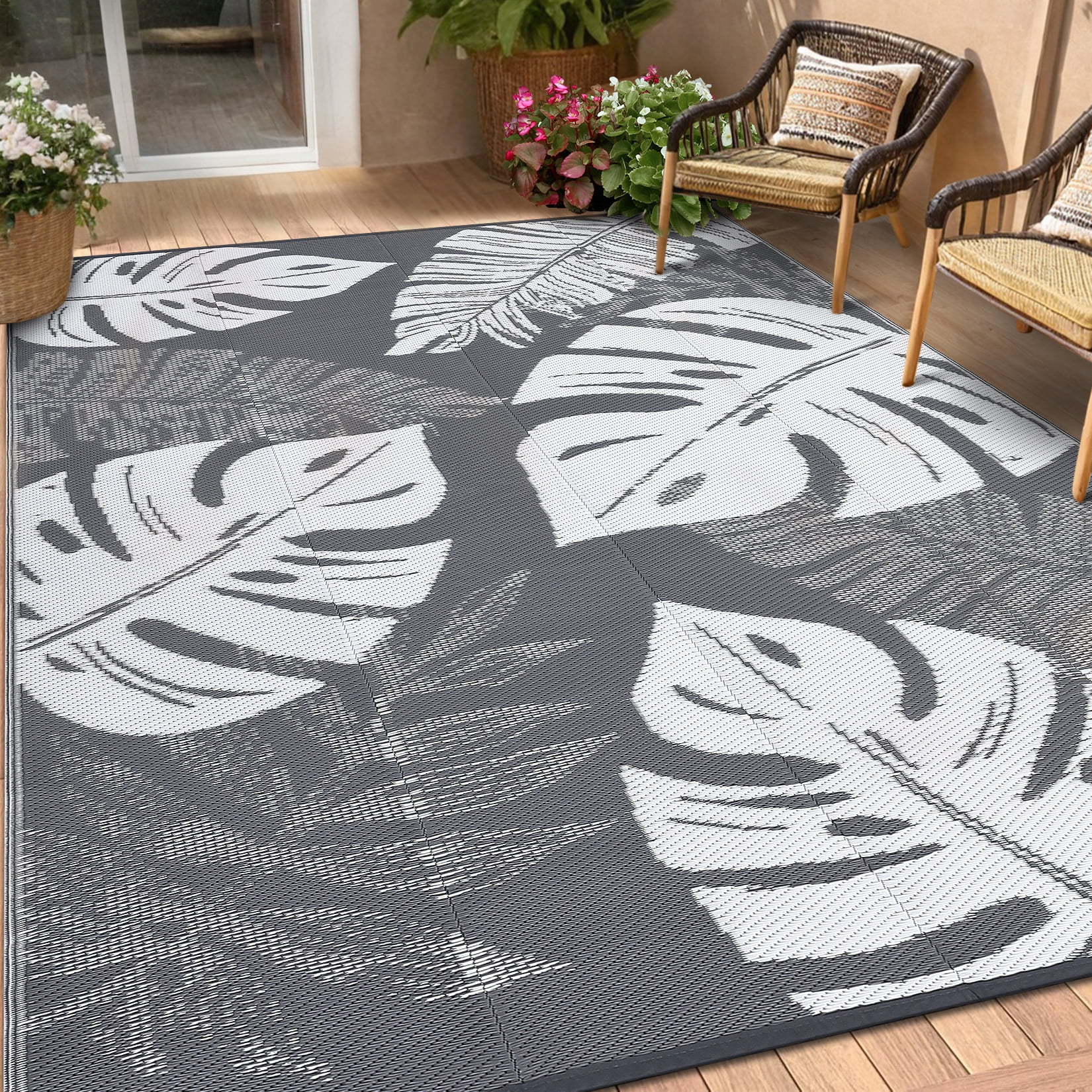Hasoo 9' x 18' Gray/White Outdoor Rug Plastic Straw Rug Bohemia Carpet Waterproof PP Tube Woven Portable Mat for Patio Decor, Balcony, Picnic