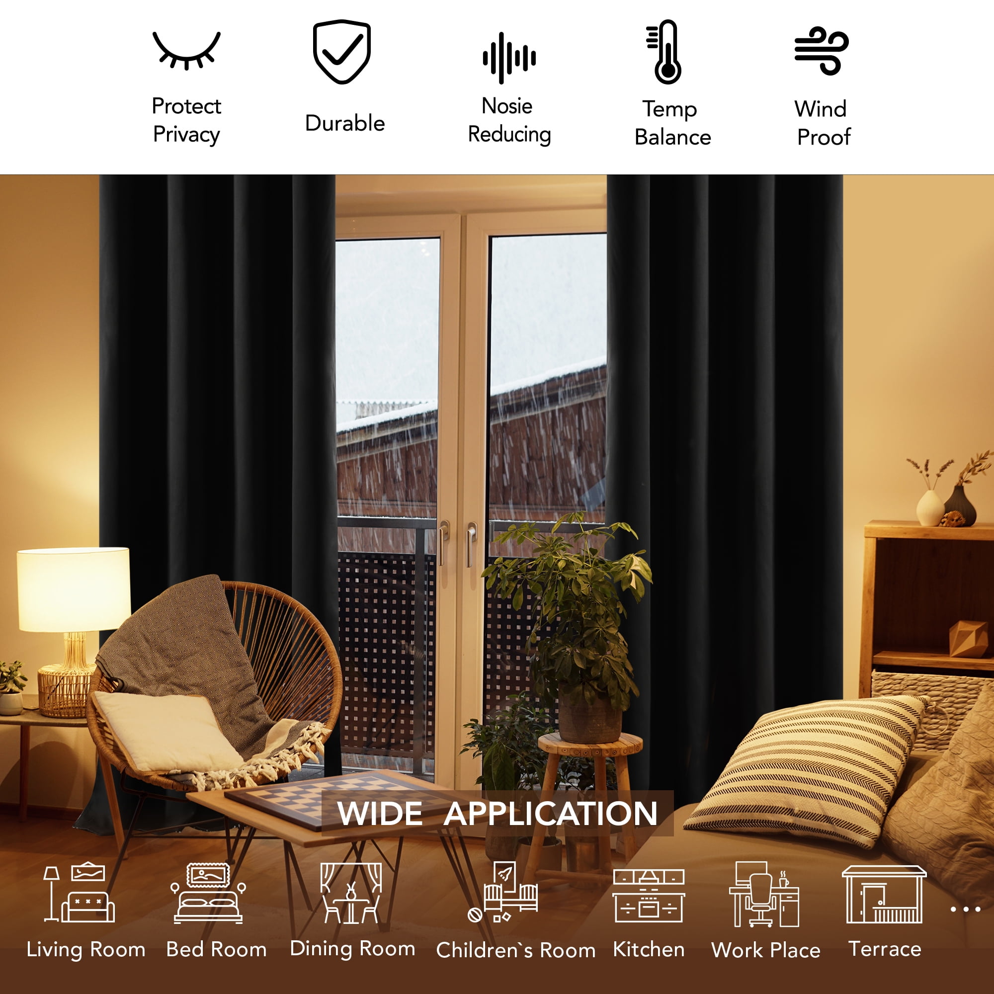 Deconovo Solid Grommet Room Darkening Blackout Curtains for Bedroom, Thermal Insulated, 52" x 63", Black, 2 Panels