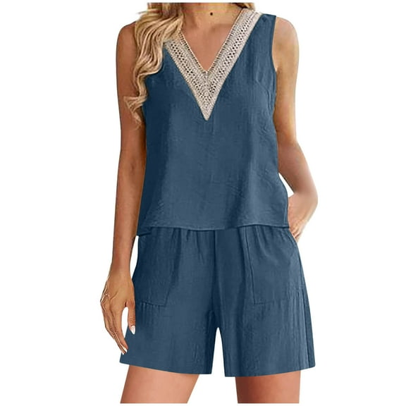 QUYUON Beach Outfits for Women 2pc Womens Summer Hollow Out Sleeveless V-Neck Crop Tank Tops and Cotton Linen Pockets Pants Set Solid Color Shorts Sets Women 2 Piece Outfits