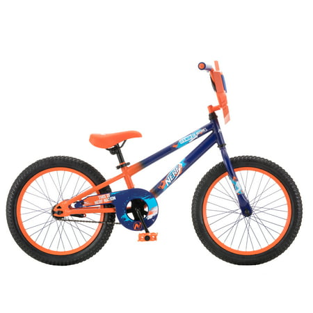 Hasbro's Nerf Kid's Bike with Shield, Jolt Blaster, and 8 darts; 18 inch wheel, single speed, ages 5 - 7, blue,
