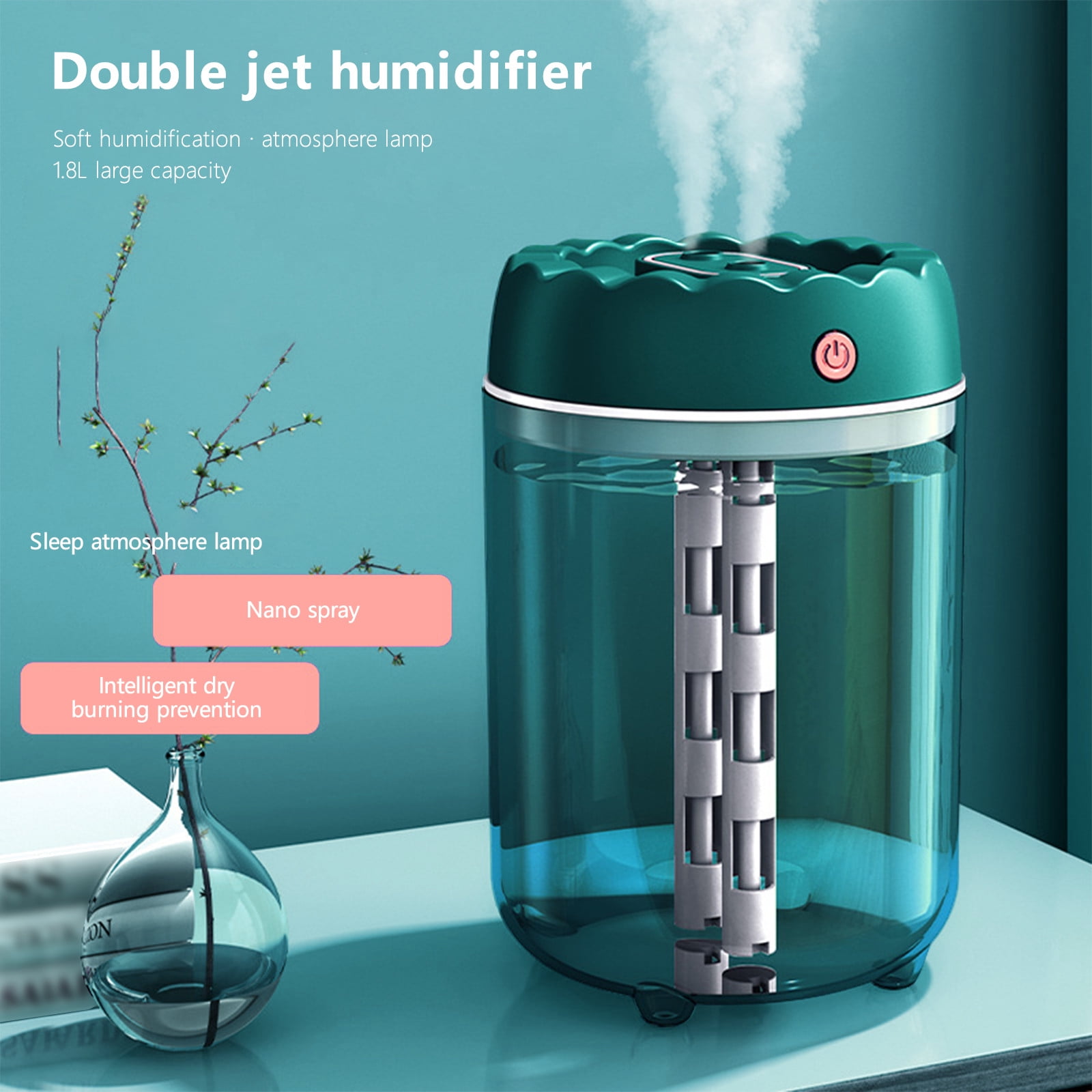 MICLOZYT Humidifier for Bedroom,1.8L Large Capacity Desktop Double Spray Cold Mist Humidifier with Night Light,Air Humidifier for Home Baby Nursery & Plants