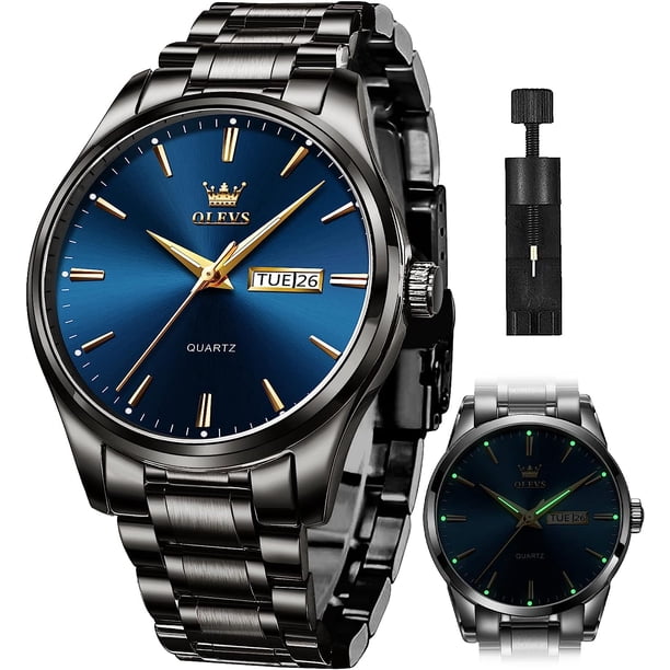 Reloj De Oro Para Hombre Reloj De Vestir De Negocios De Cuarzo Analógico Fecha Acero Inoxidable Clásico Lujo Luminoso Resistente Al Agua Reloj Casual Para Hombre Acero Inoxidable Negro Esfera Azul