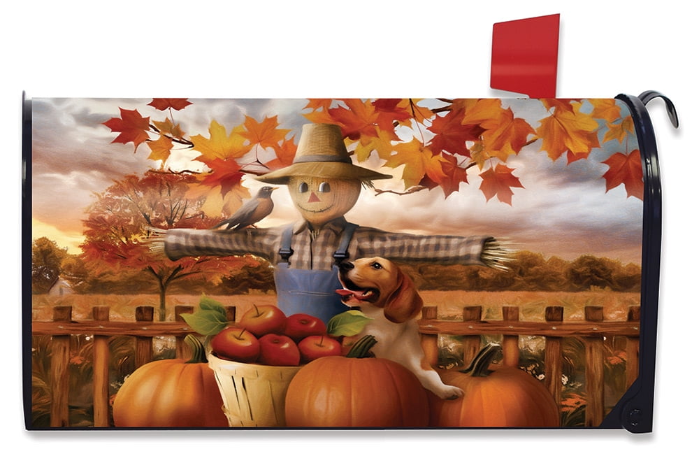 Autumn Scarecrow Harvest Magnetic Mailbox Cover Puppy Pumpkins Apple Basket