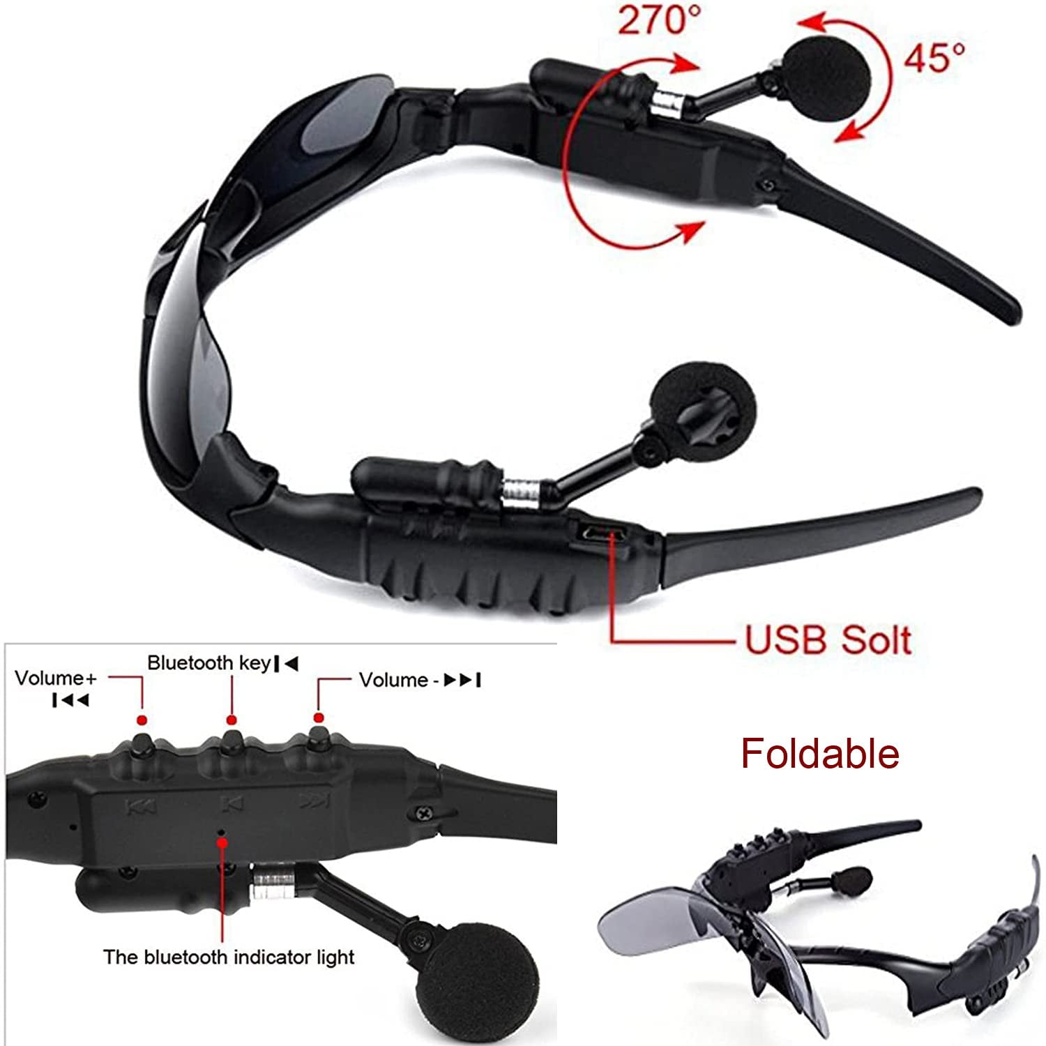 Wireless Sunglasses Smart Glasses ，Men Women Sport Glasses Music Sunglasses Headphone Stereo Sound Handfree Earphone for Smart Phone PC Outdoor Fishing Driving Cycling Black