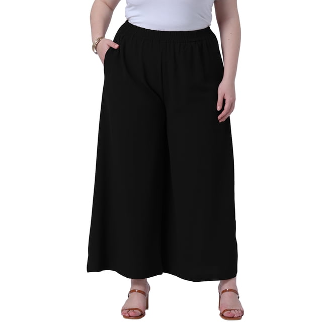 Pantalones de salón de mujer de talla grande GRACE & GRANDEUR, con cintura elástica, pierna ancha, estilo casual, con bolsillos, 2X, negro