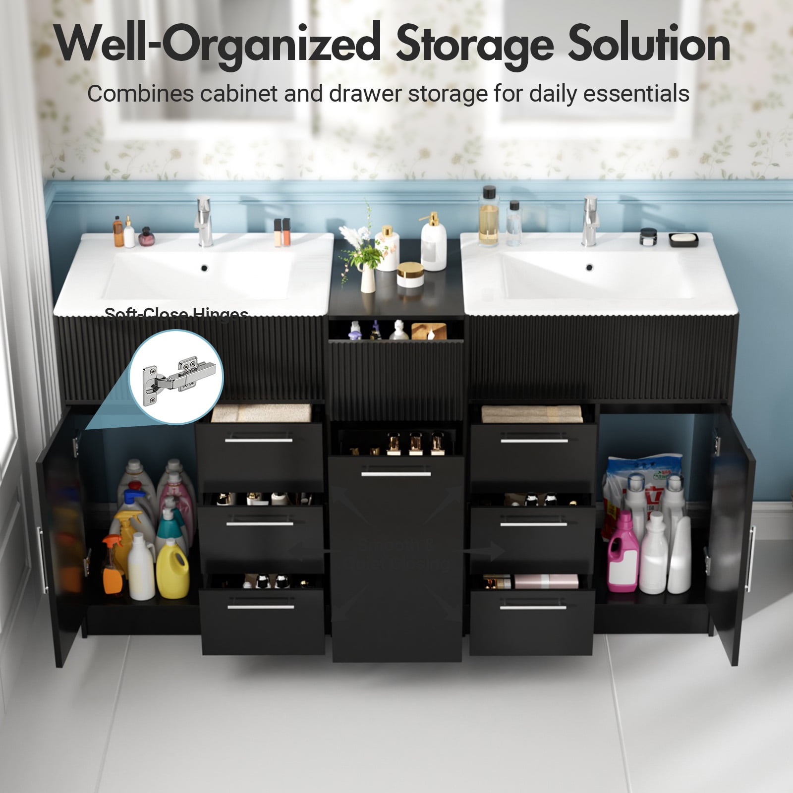 Advwin 60" Double Sink Bathroom Vanity with Ceramic Basins, Modern Freestanding Bathroom Storage Cabinet with 7 Drawers & Soft-Close Doors, Black