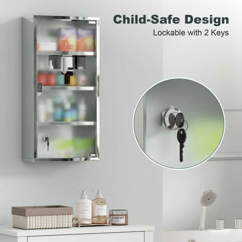 Alvantor Lockable Medicine Storage Cabinet with 4 Shelves, Stainless Steel Wall Mount Silver 12"x24"