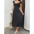 thumbnail image 5 of Black And White Polka Dot Lace Trim Sweetheart Neck Short Sleeve A-Line Midi Dress For Women, 5 of 6