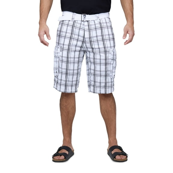 RAW X Mens Belted 12.5" Inseam Knee Length Cargo Shorts, Plaid White, 32