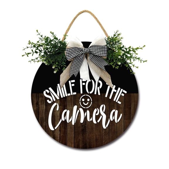 Smile For The Camera Sign Front Door Porch Decorations, Round Rustic Wood Hanging Sign for Farmhouse Porch Outdoor Home Holiday Front Door Sign Decor