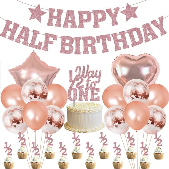 Half Year Old Birthday Party Decorations for Girls Rose Gold Glitter Happy Half Birthday Banner 1/2 Way To One Cake Topper Balloons Set For 6 Months Birthday Party Supplies