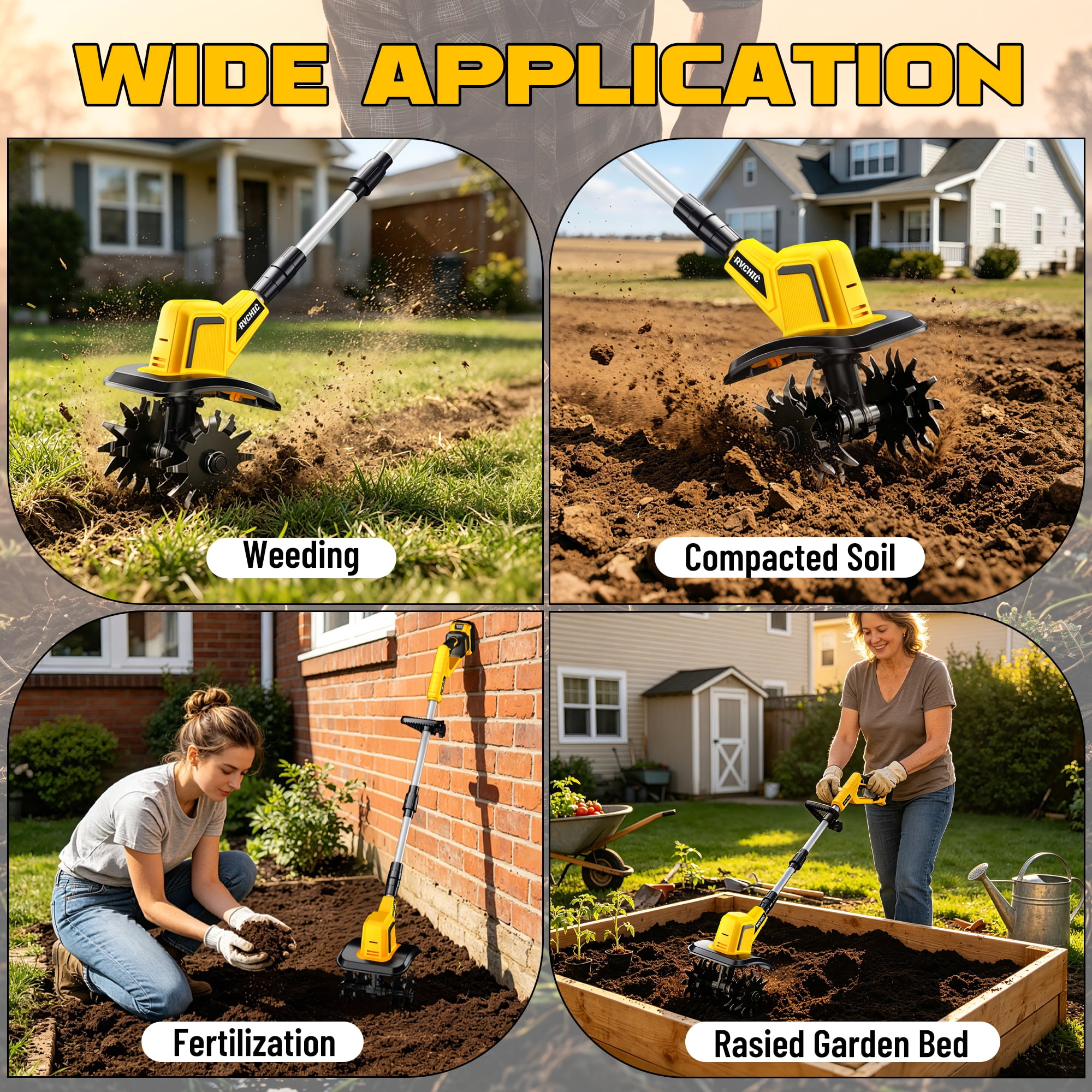Rvchic 24V Cordless Tiller Cultivator with 2x2000mAh Batteries,360RPM High-Speed,4"Width x 6"Depth for Lawn/Gardening/Soil Cultivation 4 Blades