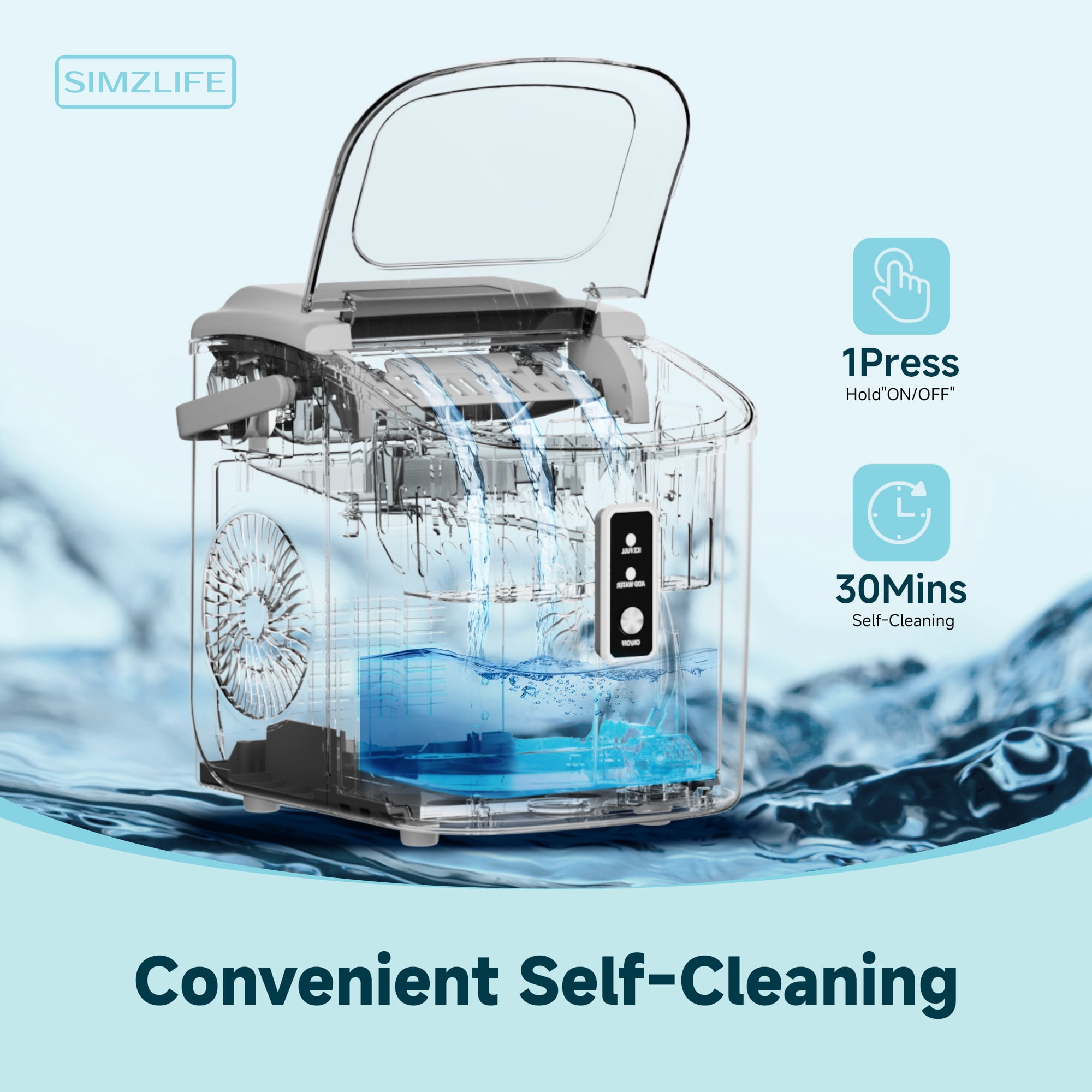 Simzlife Countertop Ice Maker with Handle,Portable Ice Machine with Basket and Scoop, 9 Bullet Ice In 6 Mins, 26Lbs/24H, Self-Cleaning