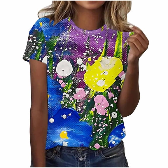 JSheng Women Summmer Printed Top Women Fashion Summer Printed Regular Women Short Sleeves Round Neck Multicolor S