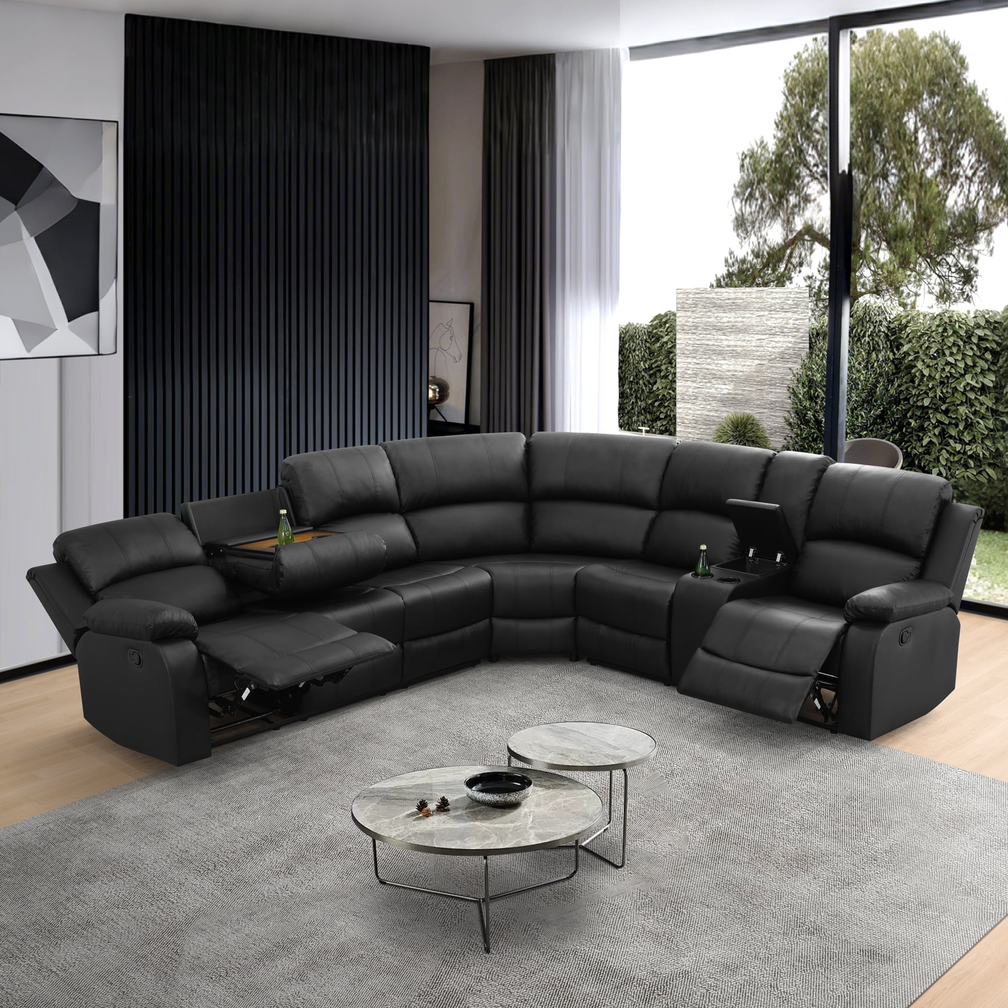 Gewnee Power Recliner Breathing Leather Power Sectional Sofa Set, Black Oversize Reclining Couch with Cup Holder Storage for Living Room ﻿