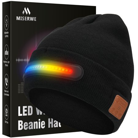 Unisex Beanie with Light Gifts for Men Dad Father USB Rechargeable Caps,USB Rechargeable 4 LED Fashlight Hat with Cordless Headphones Unique Christmas Birthday Gifts for Men Him Husband Teen Black