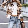 thumbnail image 4 of Chaqueta Corta de Franela de Larga con Solapa para Mujer, Camisa A Cuadros con Botones, Prendas de Abrigo de Otoño Caqui XL, 4 of 7