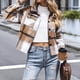 thumbnail image 4 of Chaqueta Corta de Franela de Larga con Solapa para Mujer, Camisa A Cuadros con Botones, Prendas de Abrigo de Otoño Caqui XXL, 4 of 7