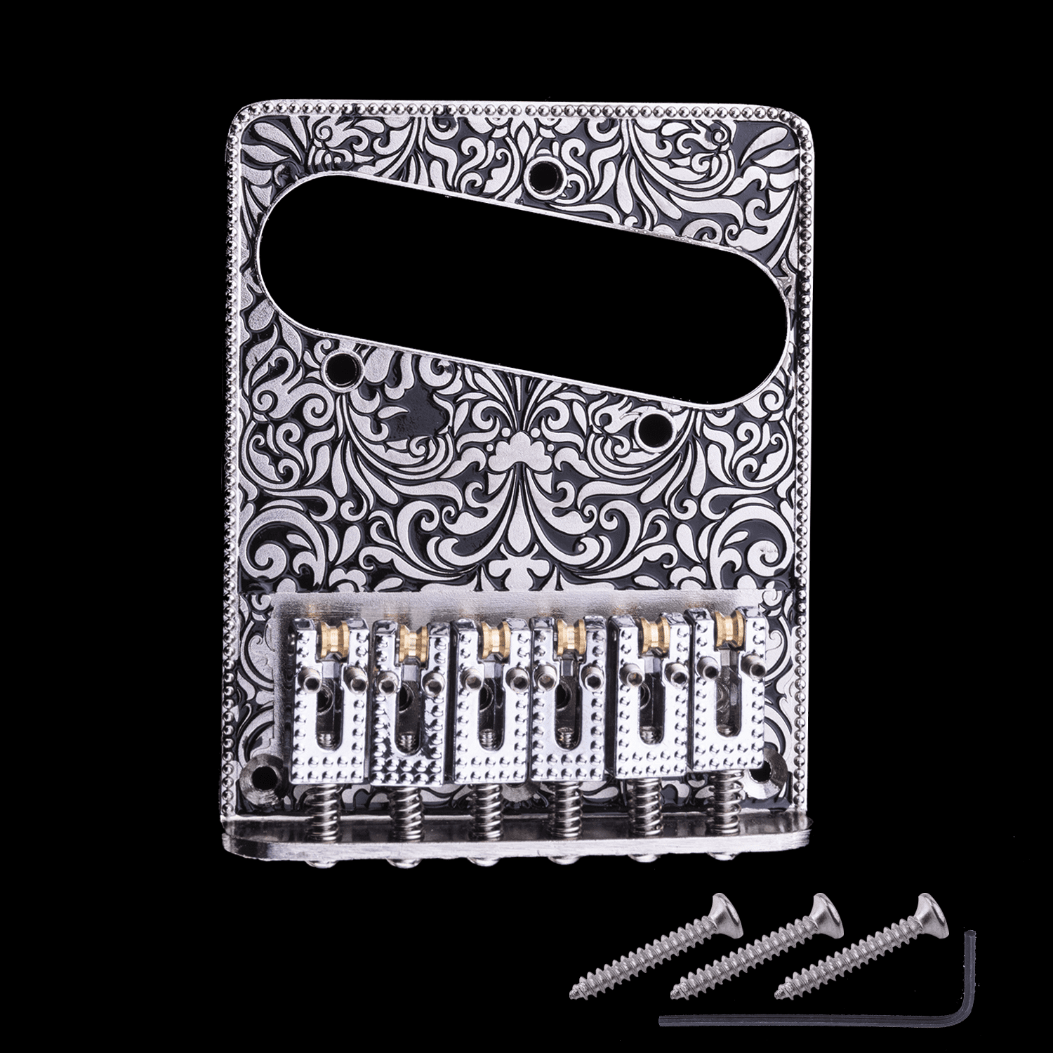 LOOKSEVEN Engraved Vintage 6 String Tele Style Electric Guitar Bridge, Adjustable Saddles, Hand-Carved Floral Pattern, Multiple Finishes Available-chorme
