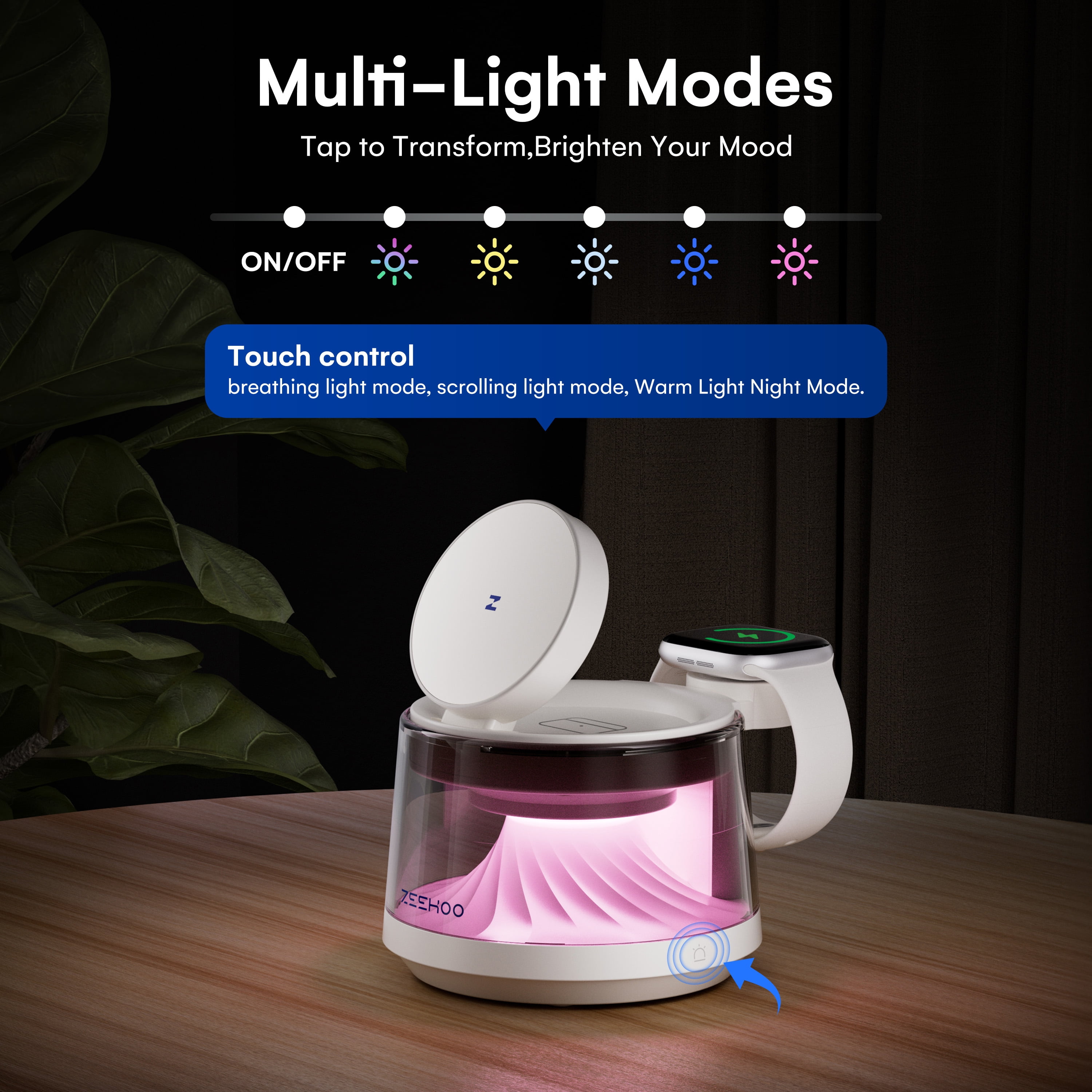ZEEHOO 4-in-1 Wireless Charging Station with LED Night Light, 15W Fast Wireless Charger Dock for iPhone, AirPods & Apple Watch, Multi-Mode RGB Lamp, Magnetic Charging Stand for Desk & Bedside