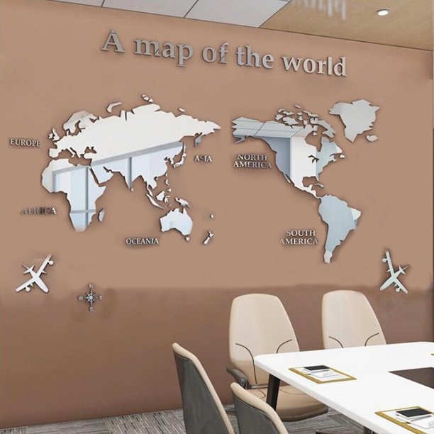 Pegatinas de pared acrílicas 3D con mapa del mundo, pegatinas de espejo tridimensionales, decoración de fondo de dormitorio y oficina