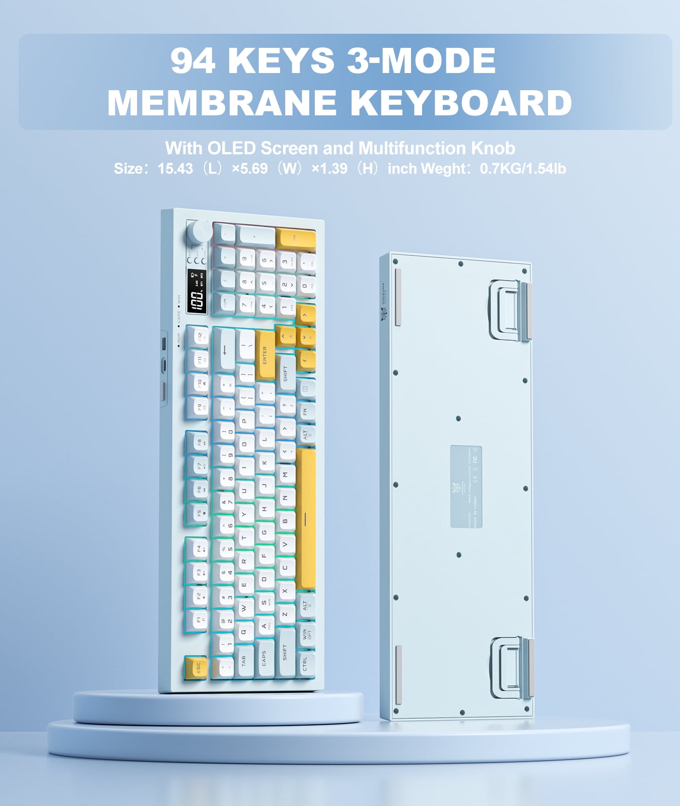 ONIKUMA 94-Key Tri-Mode Wireless Gaming Keyboard, Silent Membrane, RGB Backlit, Display Screen & Multimedia Knob for PC/Mac/Office