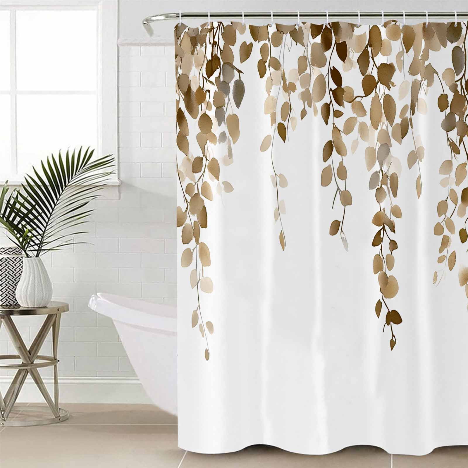 Small Stall Shower Curtain 36x78 Inch Narrow Half Size Brown Eucalyptus Leaves Bath Curtains Bathroom Decor Watercolor Summer Botanical Waterproof Fabric Shower Curtain Set with Hooks 36 Inch