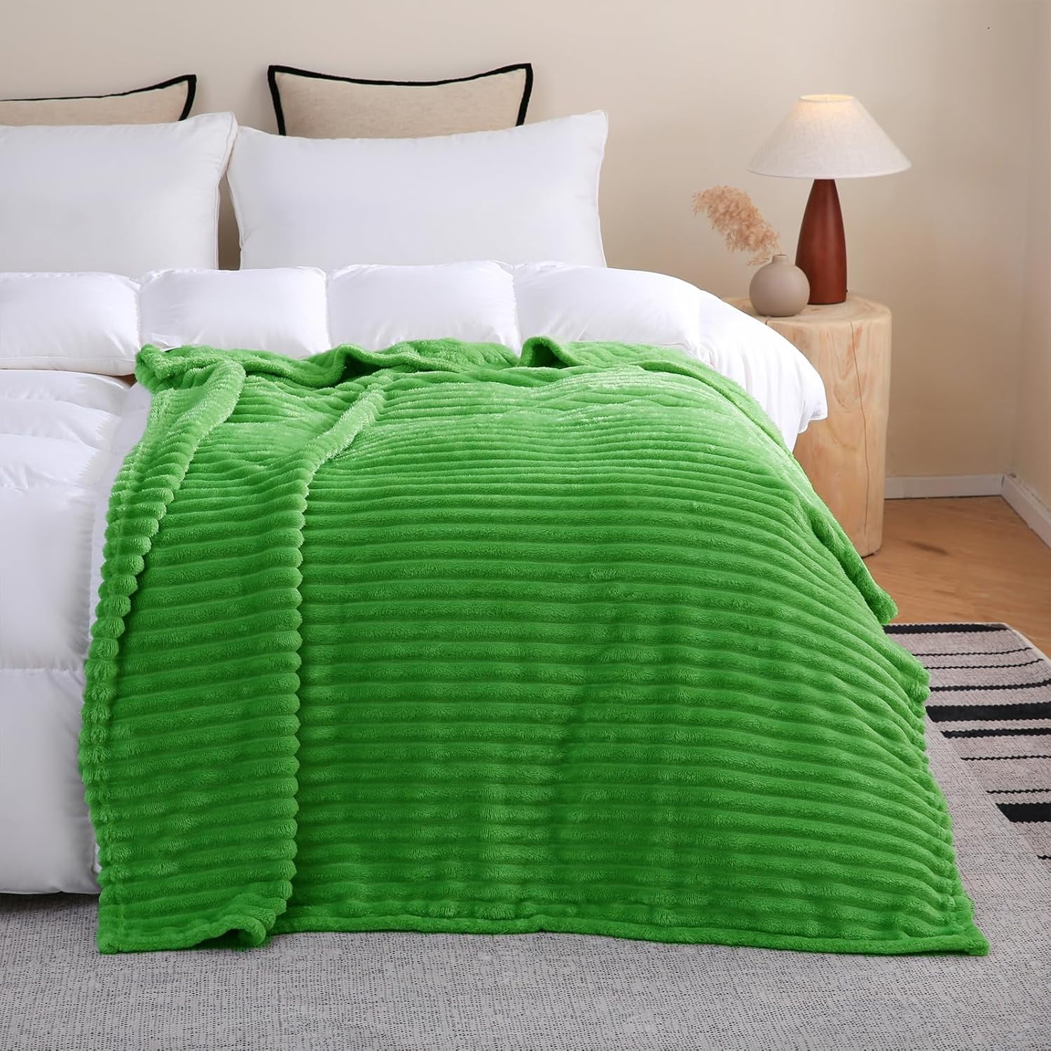 Sage Green Fleece Throw Blanket 50”×60” for Couch Sofa Bed,Super Soft Cozy Plush Microfiber Flannel Blanket with Stripes Design Lightweight for Adults,Woman,Girls