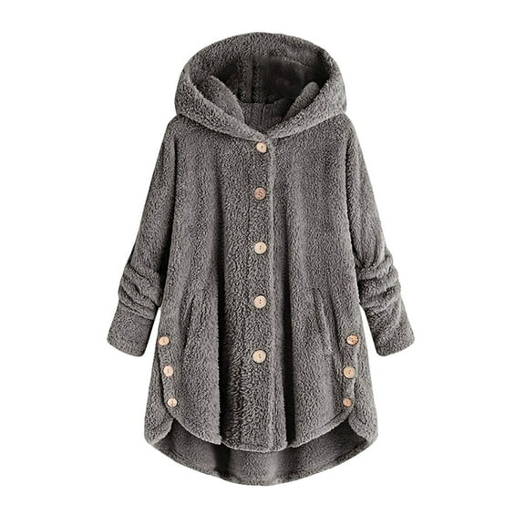 LoyisViDion Women Coats Plus Size Clearance Women Plus Size Button Plush Tops Hooded Loose Cardigan Wool Coat Winter Jacket Rollbacks Dark Gray 16(Xxxxl)