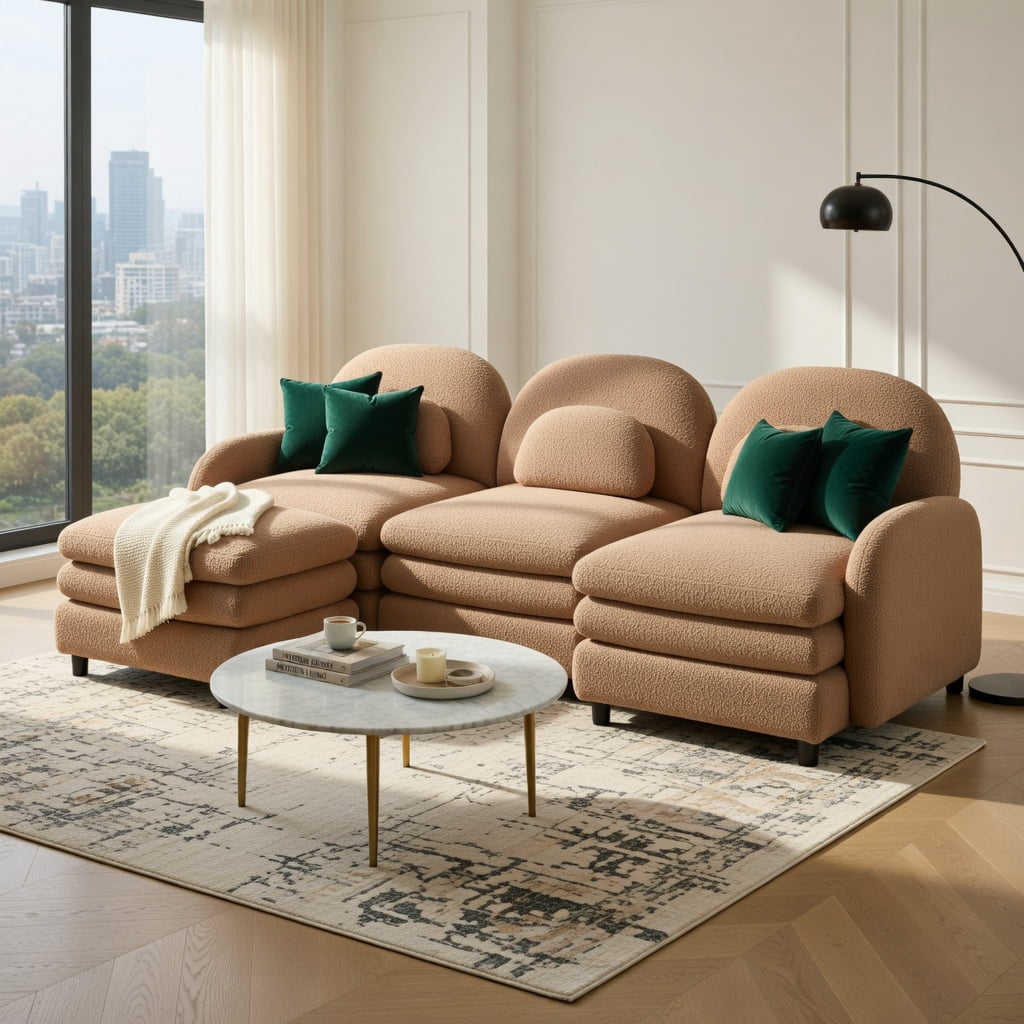 Hommoo Teddy Fleece 3-Seat Modular Sectional Sofa, Cloud-Like Double-Layer Cushions, Curved Backrest & Armrests, Includes 2 Movable Ottomans & Lumbar Pillows, Camel