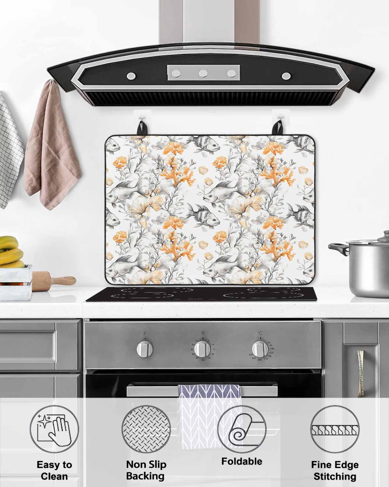 nqOlkjepod Large Induction Cooktop Protector Mat 36"x21", Orange Gray Coral Stove Top Covers for Electric Stove, Summer Beach Coastal Ocean Fish Stove Burner Cover Mats, Glass Top Stove Cover