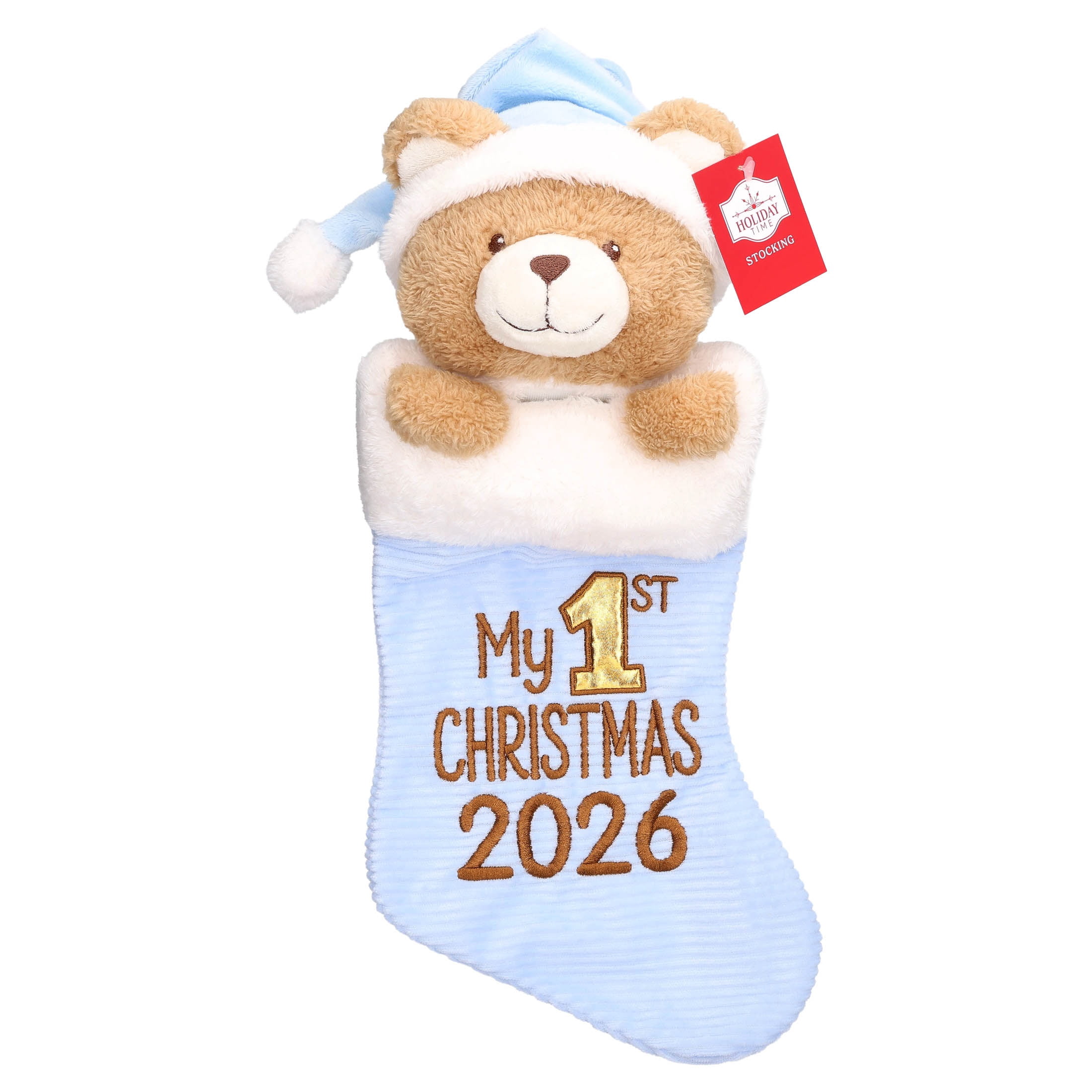 My First Christmas Stocking with Teddy Bear, Blue, 22", by Holiday Time